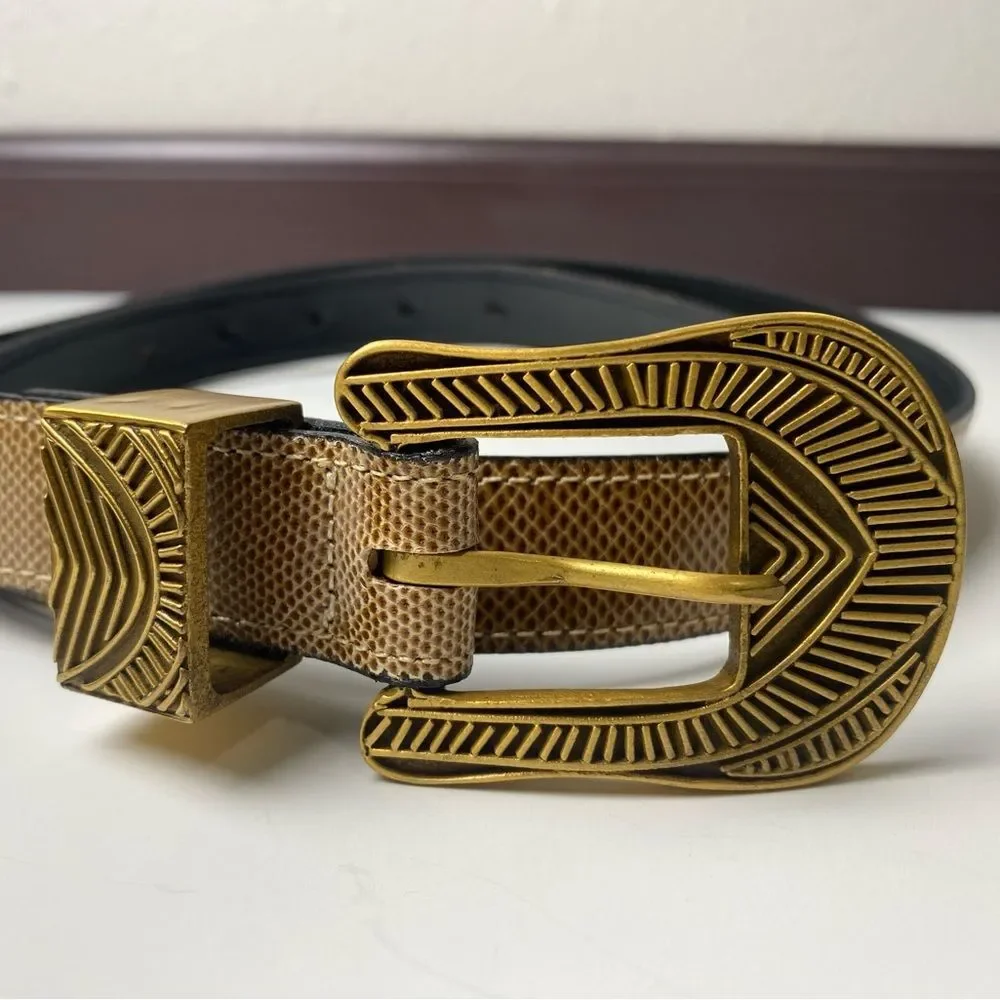Riki Designs Genuine Leather Snakeskin Belt Gold Aztec Buckle Women's Size XL